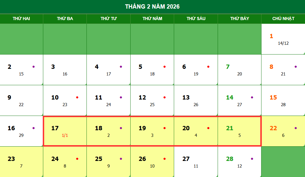 Lịch nghỉ Tết Dương lịch 2026 dự kiến